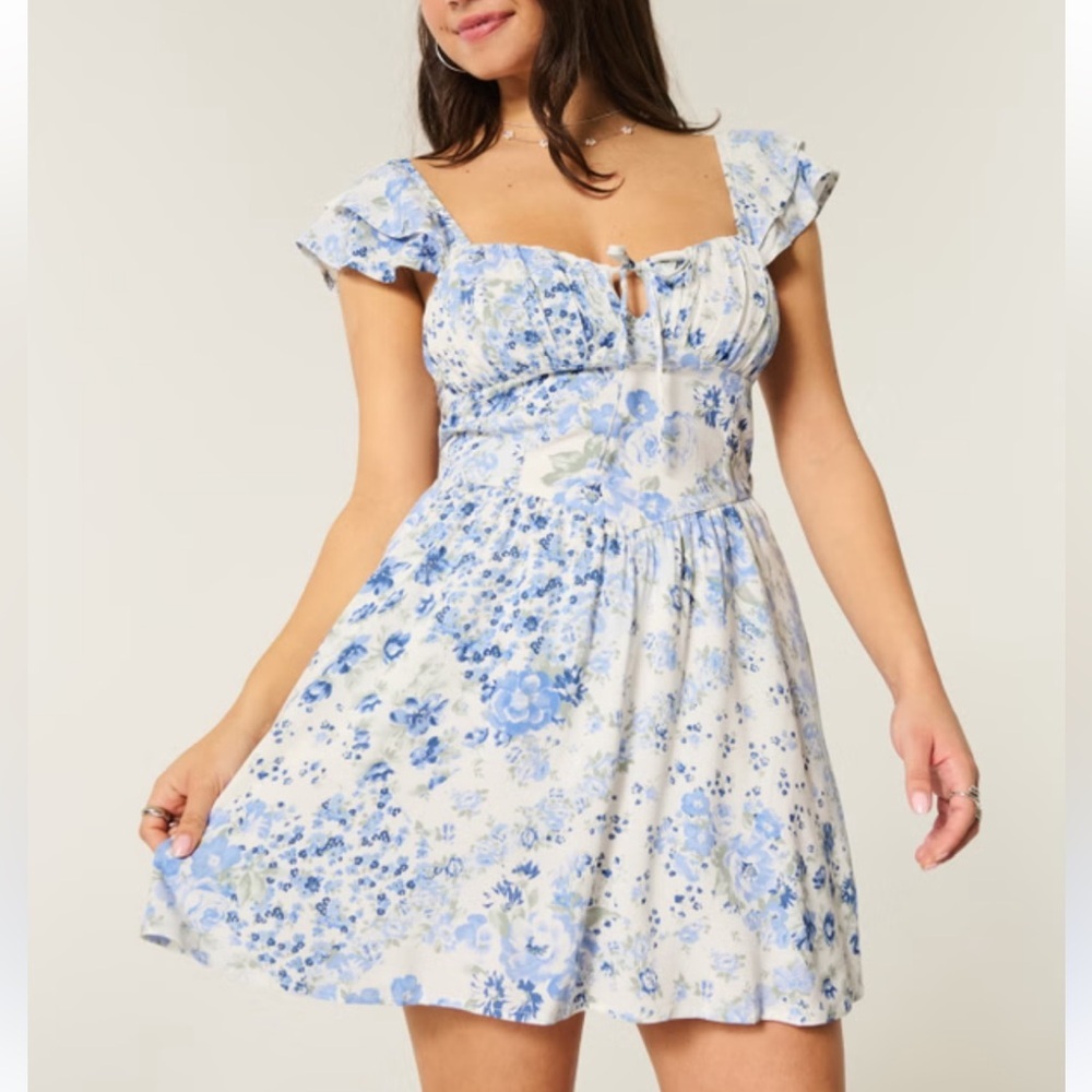 Hollister Blue Floral Ruffle Mini Dress S Cottagecore Coastal Tie Back - Picture 2 of 8
